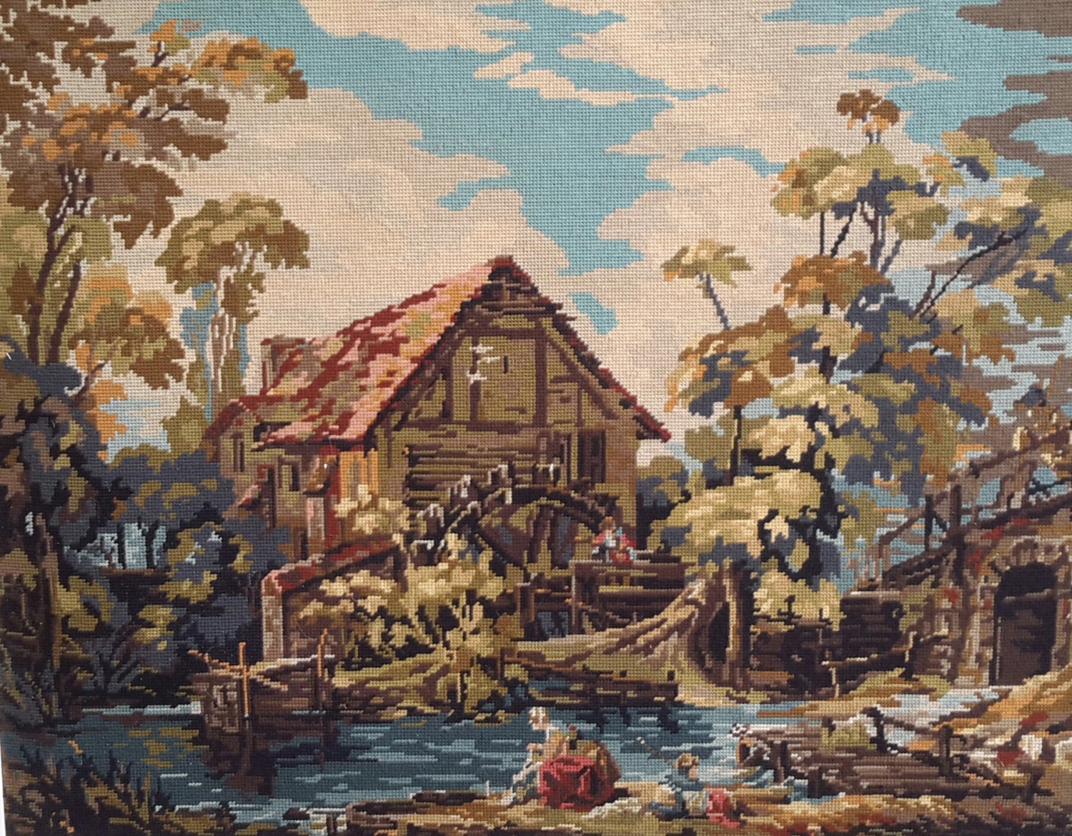 Grand Classique Moulin Scène Vintage Cousu à La Main Broderie Tapisserie