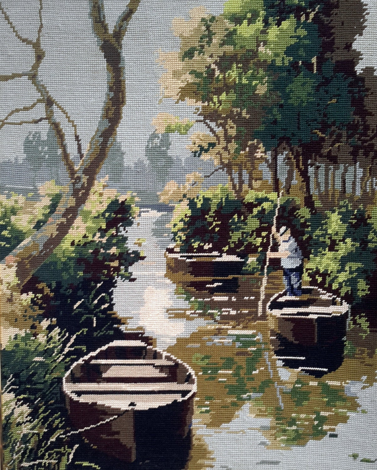 Belle Scène de Rivière avec L'homme Punting -Vintage Main Cousue Tapisserie Aiguille Idéal Pour Le M