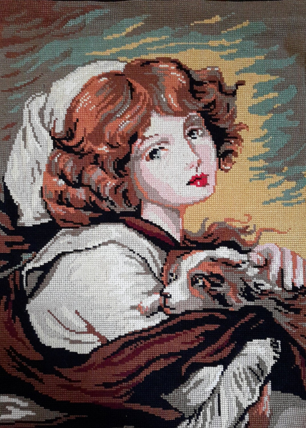 Jeune Fille avec Chien/Main Vintage de Petit d'ua Le Jeune Cousu Tapisserie Photo Par J R Greuze