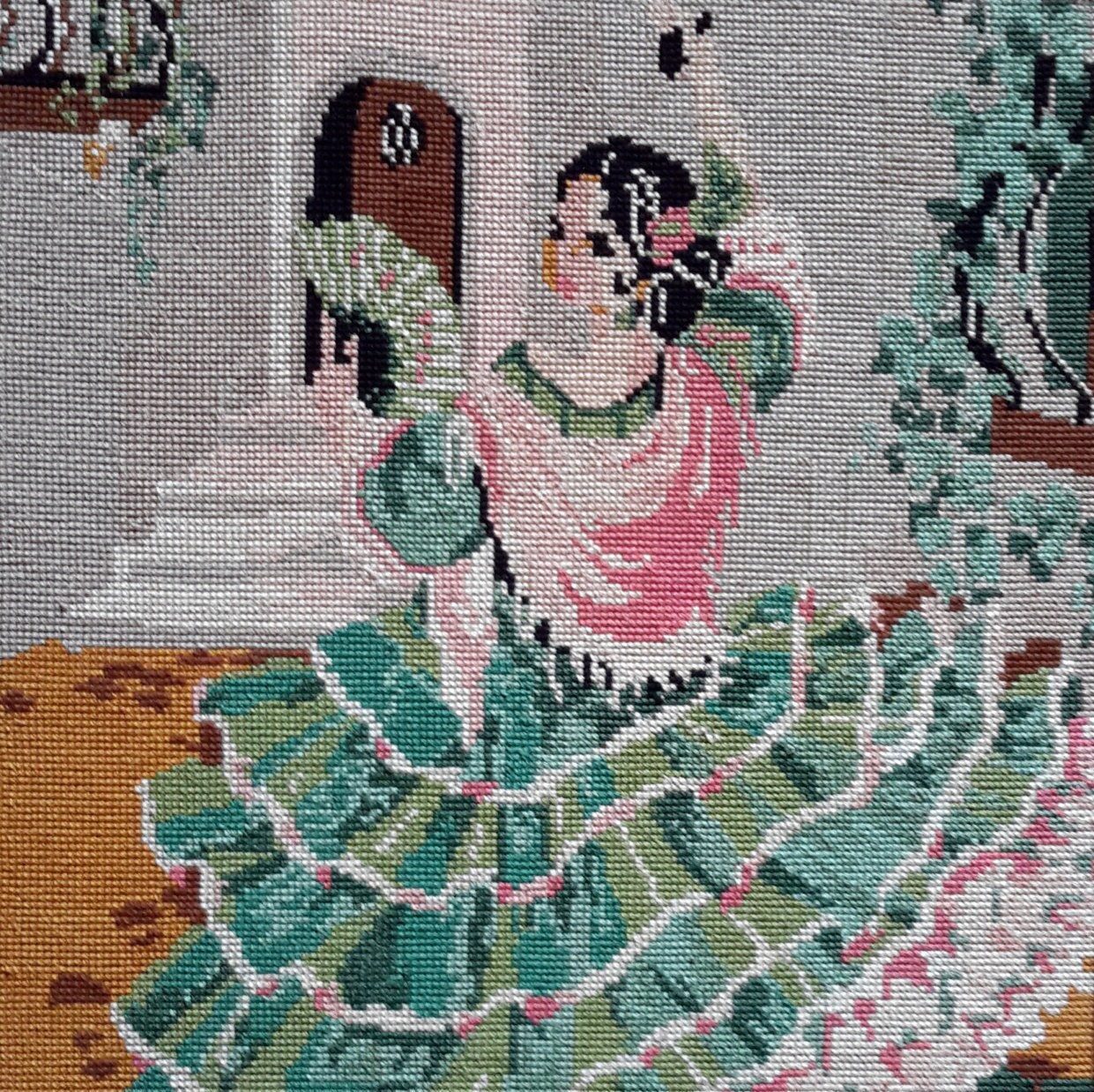 Danseur Espagnol de Flamenco en Rose et Vert - Aiguille Cousue Main Vintage Français Idéal Pour Le M