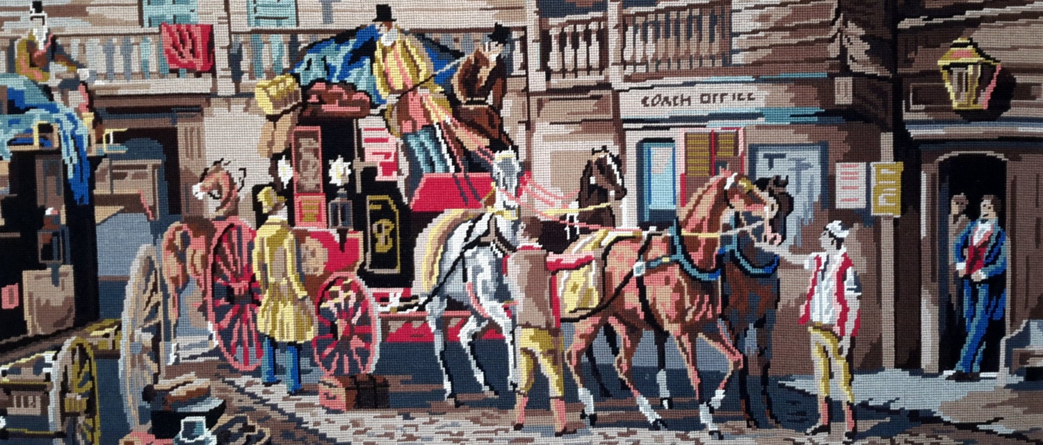 Une Scène Animée de Coach Tirée Par Des Chevaux -Grande Tapisserie Pointe d'aiguille Cousue à La Mai