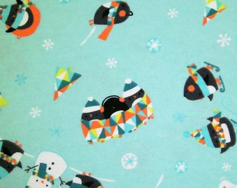 0,5 m Printed  flannel cotton fabric "Ice skating Penguins " 114 cm width