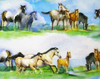 0,5 m Printed fabric "Aquarell - Herd of Horses/Clouds/Sunflowers" 110 cm w.