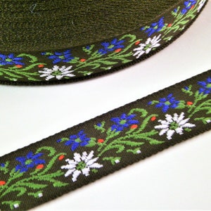 1 m Woven Ribbon -Edelweiss and Gentian- braun  20 mm w Dirndl Oktoberfest bavaria