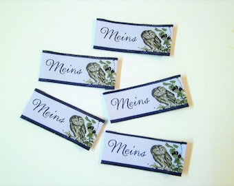 5 Woven label "Mine - Owl" 45 x20 mm prefolded robin