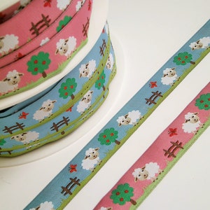 1 m Woven Ribbon "Lamb" 16 mm w. pink blue