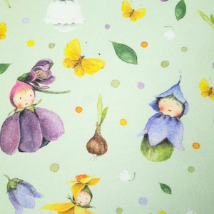 Tessuto di cotone biologico stampato da 0,5 m - Bambini dei fiori di primavera - Tessuto Dollbelge largo 150 cm / Daniela Drescher