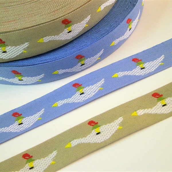 1 m Woven Ribbon "Nils Holgerson flying with goose" 20 mm w 100 % cotton from Sweden