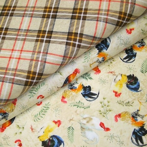 Op de afbeelding: Twee stofstalen, een met een bruin en beige ruitpatroon en de andere met een crèmekleurige achtergrond en een herhalend patroon van hanen met rode, gele en blauwe accenten.