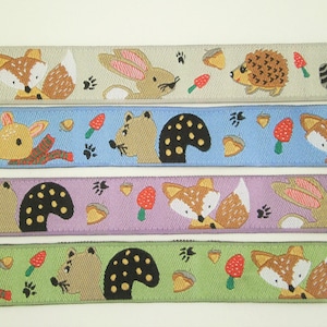 1 m Woven Ribbon " Racoon, Fox, Hare and Hedgehog" 15 mm w.