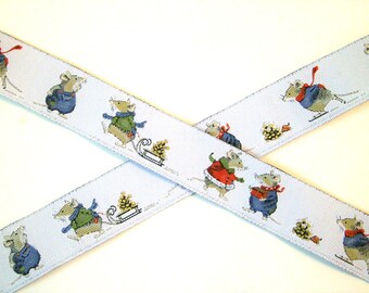 1 m Woven Ribbon " Winter's Mice " 16 mm w.