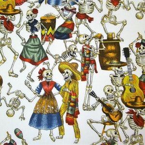 Könnte beinhalten: Eine lebendige Illustration mit einer Vielzahl von Skeletten bei festlichen Aktivitäten. Die Skelette sind mit farbenfroher traditioneller Kleidung, Sombreros und Musikinstrumenten wie Gitarren und Maracas dargestellt.