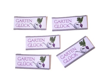 5 Woven label "homemade - Garden Happyness" 45 x20 mm prefolded
