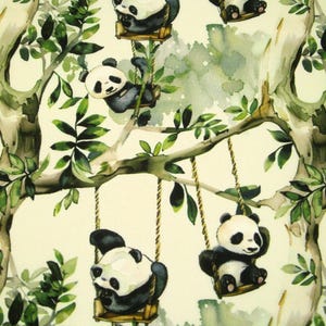 May include: A watercolour illustration of a white background with a green tree and five black and white pandas on swings. The pandas are swinging from the branches of the tree.