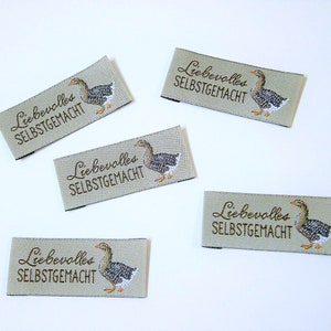 5  Webetiketten - Liebevolles Selbstgemacht - Graugans 45 x 20 mm vorgefaltet