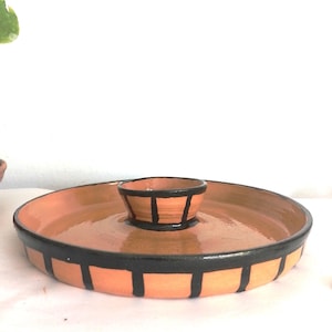 Pottery small black striped hand made chip and dip bowl, small Pottery chip and dip bowl hand painted, small chip and dip snack  bowl.