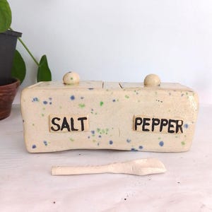Ceramic hand made Salt and pepper box with lid and spoon, Ceramic cream spotted salt and pepper holder, Double ceramic salt and pepper box