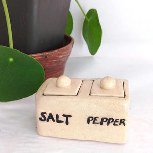 May include: A rectangular, off-white ceramic salt and pepper cellar featuring two separate compartments with matching square lids, each topped with a small knob. The words SALT and PEPPER are hand-painted in black lettering on the front face.