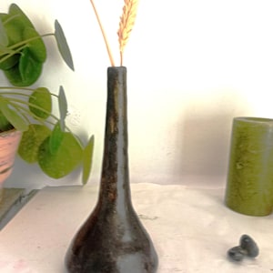 May include: A tall, slender, dark brown ceramic vase with a textured, mottled finish. The vase has a wide, rounded base that tapers into a narrow neck. Two dried stalks of wheat are placed inside the opening of the vase.
