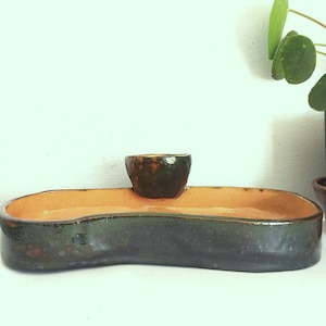 Handmade Green Lustre Pottery Chip and Dip Serving Dish