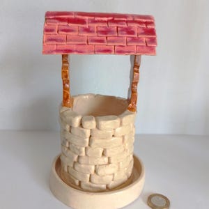 Handmade Ceramic Wishing Well Planter Set: Stoneware Clay Pot & Tray