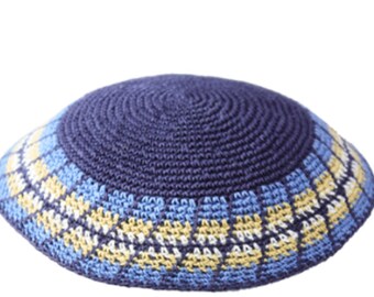 Shades of Blue and Gold Knitted Kippah Jewish Skull Cap for Wedding, Bar or Bat Mitzvah, Bris, with Personalization, Set of 12
