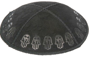 Set of 12 Blind Embossed Chamsa Suede Kippah (Many Colors) Jewish Skull Cap for Wedding, Bar or Bat Mitzvah, Bris, with Personalization