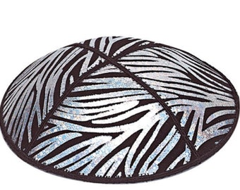 Set of 12 Silver Foil Embossed Zebra Suede Kippah (Many Colors) Jewish Skull Cap 4 Wedding, Bar or Bat Mitzvah, Bris, with Personalization