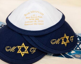 Set of 60 Embroidered Linen Kippah, Jewish SkullCap (more colors) for Wedding or Bar/Bat Mitzvah with Personalization and Free clips