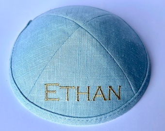 Set of 60 Embroidered Linen Kippah, Jewish SkullCap (more colors) for Wedding or Bar/Bat Mitzvah with Personalization and Free clips