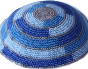 Shades of Blue Knitted Kippah Jewish Skull Cap for Wedding, Bar or Bat Mitzvah, Bris, with Personalization, Set of 12