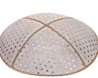 Set of 12 Gold Foil Embossed Pin Dots Suede Kippah (Many Colors) Jewish Skull Cap for Wedding, Bar or Bat Mitzvah, Bris, w/ Personalization