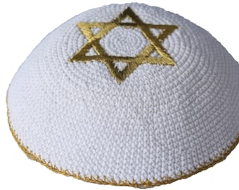 White with Gold Star of David Knitted Kippah Jewish Skull Cap for Wedding, Bar or Bat Mitzvah, Bris, with Personalization, Set of 12