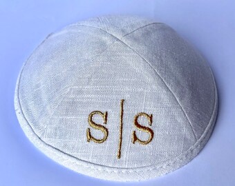 Set of 60 Embroidered Linen Kippah, Jewish SkullCap (more colors) for Wedding or Bar/Bat Mitzvah with Personalization and Free clips