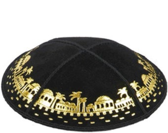 Set of 12 Gold Foil Embossed Jerusalem Suede Kippah (Many Colors) Jewish Skull Cap 4 Wedding, Bar or Bat Mitzvah, Bris, with Personalization