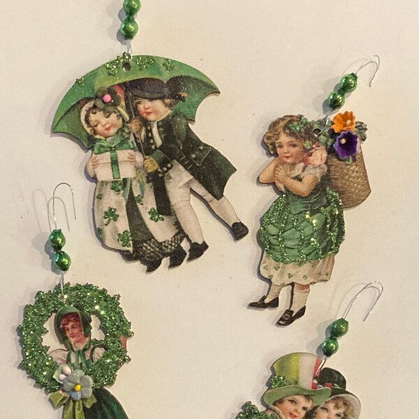 St. Patrick's Day Ornament, St. Patty's, Feather Tree, Luck of the Irish, Leprechaun, Vintage Mercury Glass Beads, Vintage Irish Ephemera