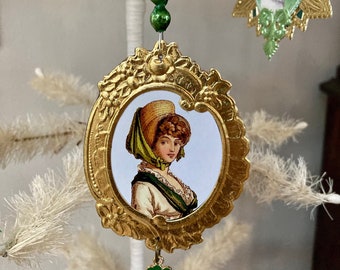 St. Patrick's Day Ornament, St. Patty's, Feather Tree, Luck of the Irish, Leprechaun, Vintage Mercury Glass Beads, Vintage Irish Emphemera