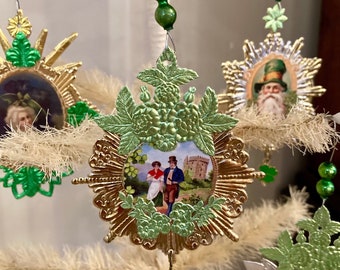 St. Patrick's Day Ornament, St. Patty's, Feather Tree, Luck of the Irish, Leprechaun, Vintage Mercury Glass Beads, Vintage Irish Emphemera