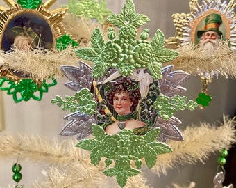 St. Patrick's Day Ornament, St. Patty's, Feather Tree, German Dresden, Leprechaun, Vintage Mercury Glass Beads, Vintage Irish Ephemera