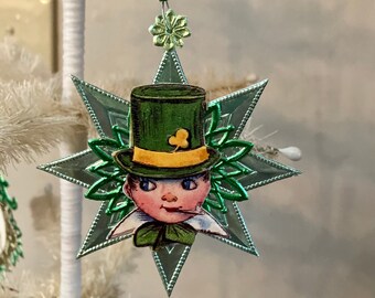 St. Patrick's Day Ornament, St. Patty's, Feather Tree, Luck of the Irish, Leprechaun, Vintage Mercury Glass Beads, Vintage Irish Emphemera