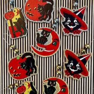 Halloween Whimsical Wooden Glittered Ornaments, Vintage Inspired, Silver or Gold glitter, Vintage mercury glass beads, Black Cats, Moons