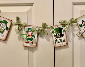 Whimsical St. Patrick's Day Banner, Garland, Decoration, Millinery Ribbons, Glitter, Shamrocks, Leprechaun, Irish, Magical, Clover,