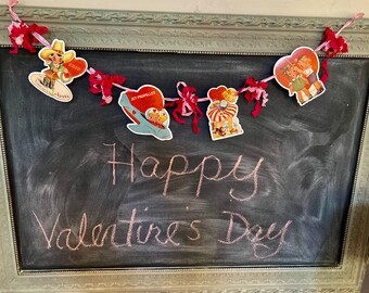 Vintage Inspired Valentine Images made into a banner, Garland, Decoration, Antiques, Cowgirl, Little Girls,  Airplane, Millinery Ribbon