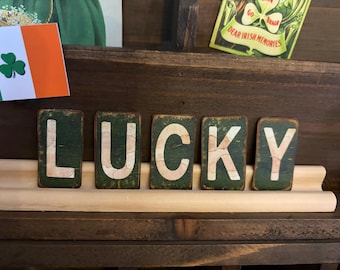 Scrabble holder with "Lucky" green tiles, Tiered Tray, Shelf Sitter, Spring Decoration, St. Patrick's Day