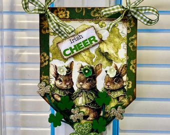 Whimsical St. Patrick's Day Bunny Decoration, Millinery Ribbons, Glitter, Shamrocks, Leprechaun, Irish, Magical, Clover, Rabbits, Flowers