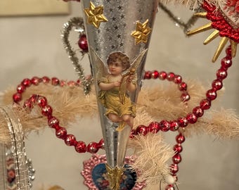 Vintage Inspired Valentine, Easter, Christmas Tussie Mussie Ornament, Silver Foil Cone Ornament, German Dresden, Angel Hair Lametta