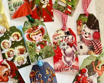 Vintage Inspired Christmas Gift Tags, Retro Holiday Designs, Set of 10