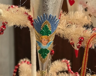 Vintage Inspired Valentine, Easter, Christmas Tussie Mussie Ornament, Silver Foil Cone Ornament, German Dresden, Angel Hair Lametta