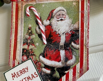 Vintage Inspired Santa Banner, Glittered Holiday Garland