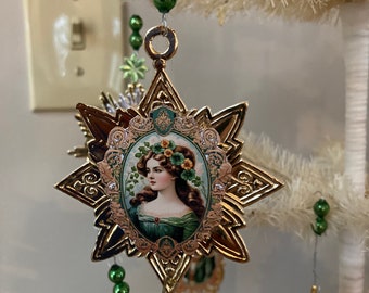 St. Patrick's Day Ornament, St. Patty's, Feather Tree, German Dresden, Leprechaun, Vintage Mercury Glass Beads, Vintage Irish Ephemera